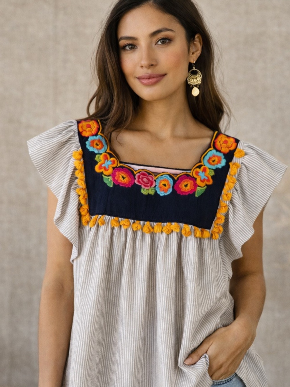 THML Embroidered Floral Stripe Boho Top Tassel Trim Flutter Sleeve Blouse S